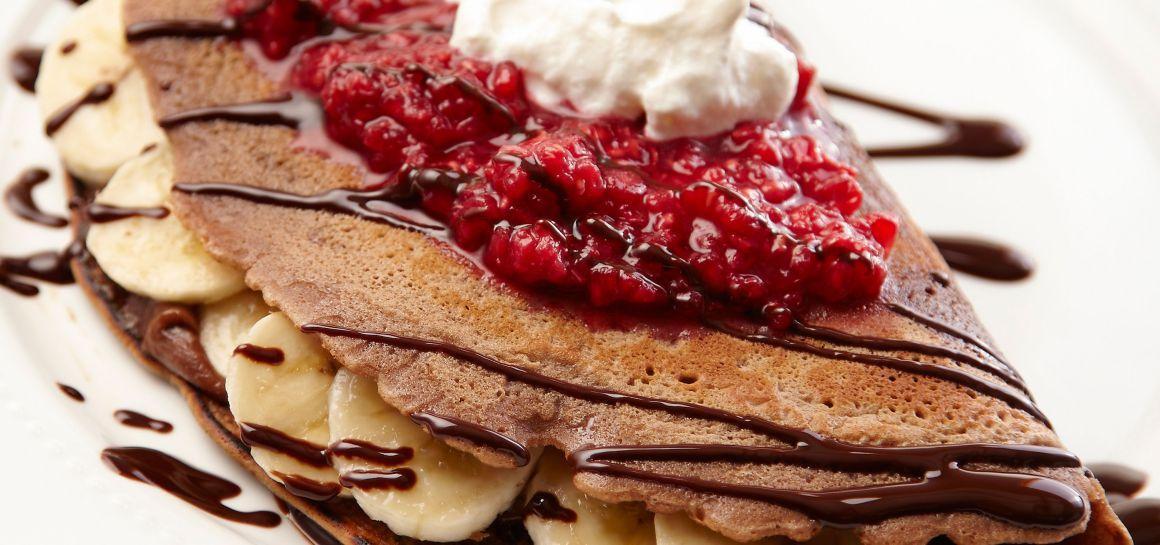 Chocolate Hazelnut Crepes with Raspberry Puree & Dark Chocolate Drizzle