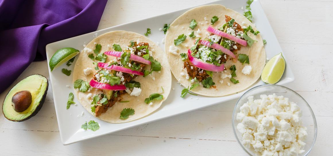 Chicken Tacos with Pickled Onions and Mole Sauce