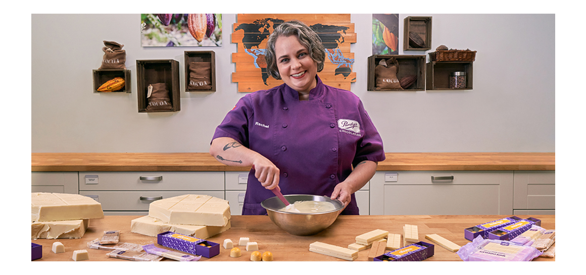 Rachel McKinley baking with white chocolate